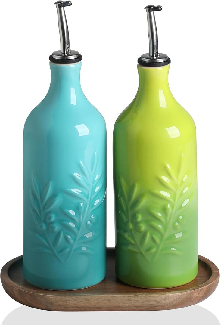 Sweejar Ceramic Olive Oil Dispenser Bottle, 20 Oz Relief Opaque Oil Cruet Protects To Reduce Oxidation, Suitable for Storage, Vinegar, Soy Sauce,Liquids,Set of 2 (Gradient Blue, Gradient Green)