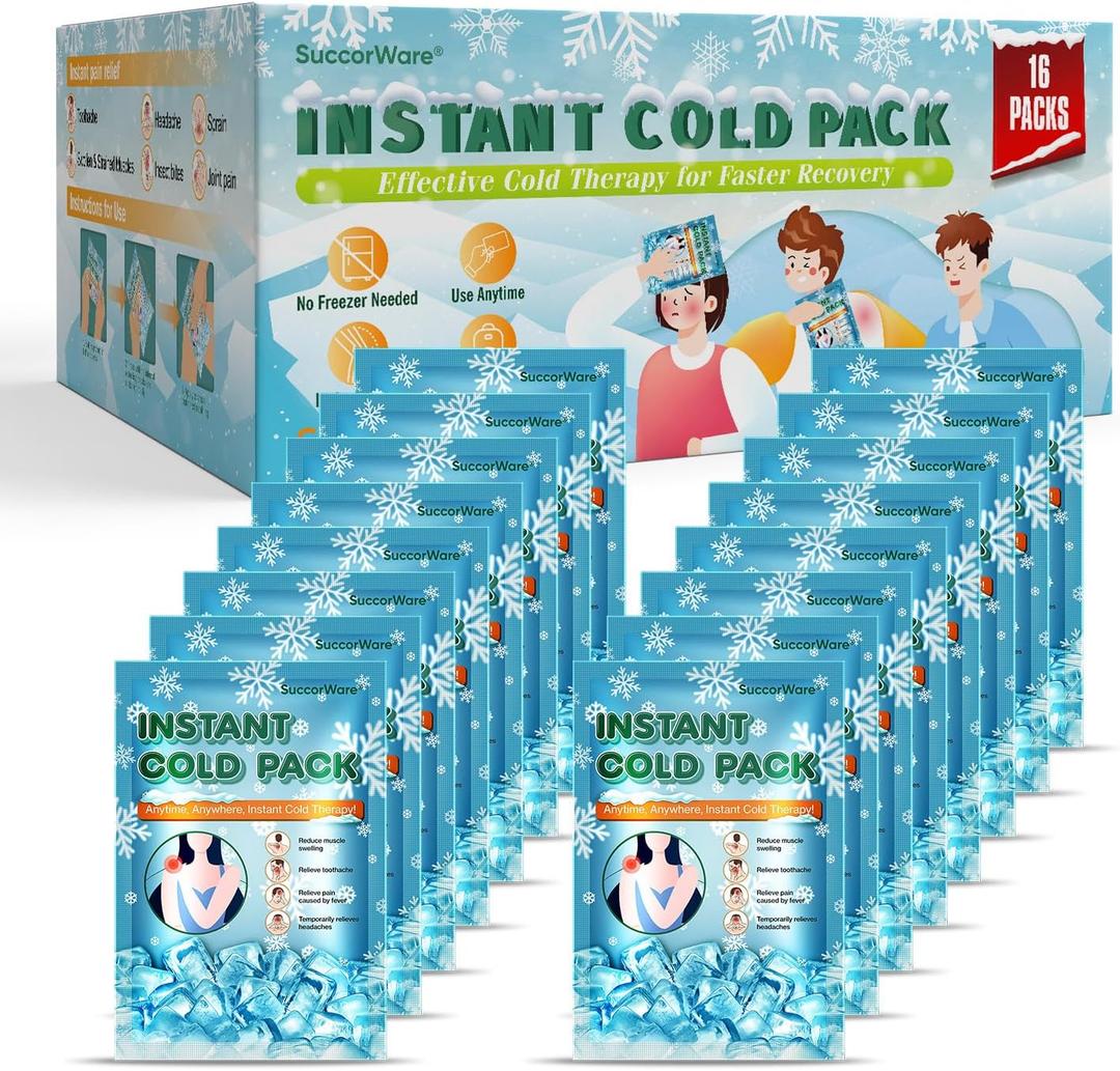 SuccorWare 16 Pack Instant Ice Packs for Injuries(5.9" x 8.6") Disposable Cold Packs for Pain Relief, Swelling, Sprains & Outdoor Activities