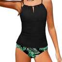 HOTOME Girls Swimsuit Halterneck 2 Piece Girl Swimsuit with Floral Print Shorts Ruched Girls Tankini Swimsuit 11-18 Years, Black + Green