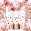 Upgraded Rose Gold Pink Party Decorations with Happy Birthday Banner, Curtains, Butterfly Wall, Circle Dots Garland, Tissue Pompoms, Paper Tassels Garland for Women's Party Decorations