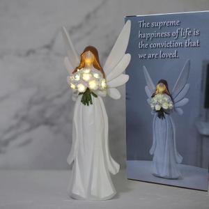 Starryfill 11.8"(H) Angel Figurine with Switch Remote Controller, Hand-Painted Angel Statue Hold 10 LED Warm White Lights Blue Flower for Mother Women Memory Gifts Home Decor
