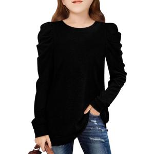 Girls Puff Sleeve Cute T Shirts Kids Fall Tops Crewneck Clothes Loose Fit 5-14Y (Black)