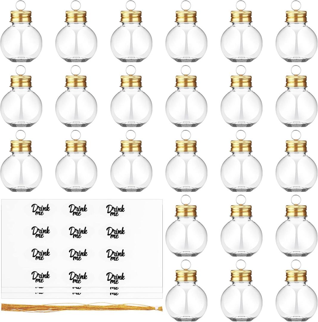 24 Pieces Christmas Booze Balls Christmas Fillable Booze Tree Ornaments Clear Plastic Round Pendant Ball with Stickers for Holiday Wedding Party Decor, Gold