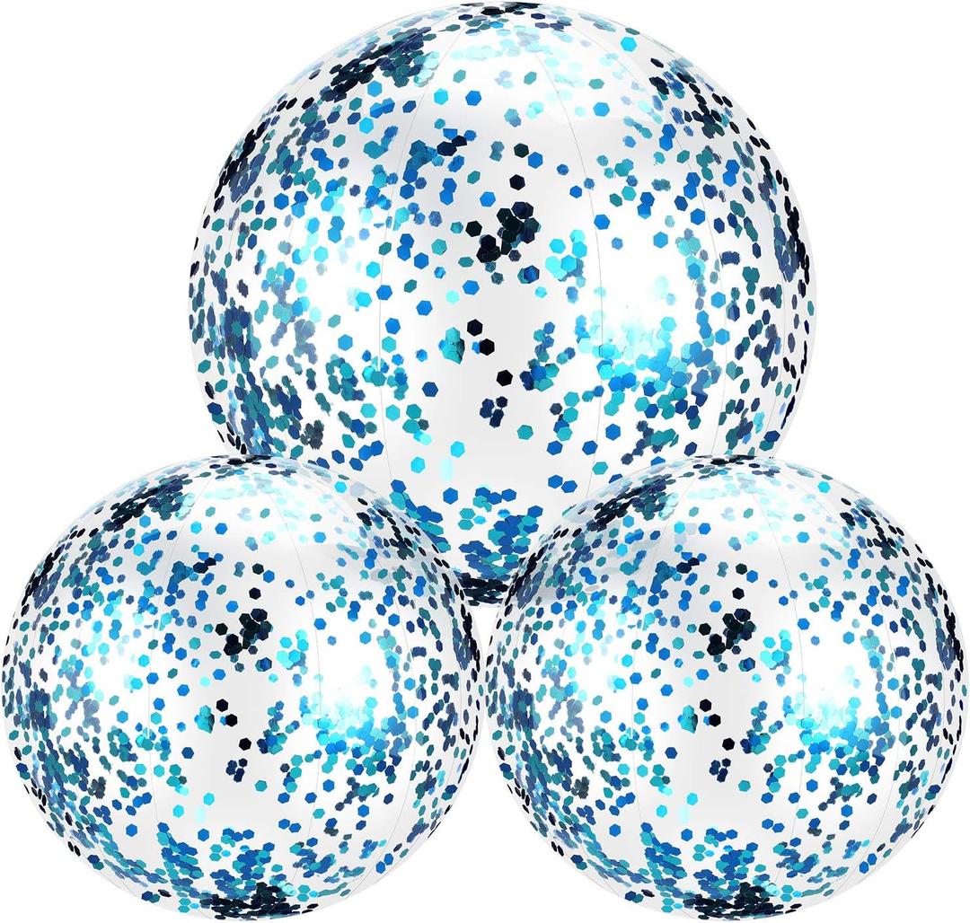 Hsei 3 Pcs Inflatable Beach Ball 16 Inch Glitter Summer Swimming Pool Disco Balls with Confetti Floatable Blow up Toys Decorations for Beach Wedding Outdoor birthday Party Favor(Blue)