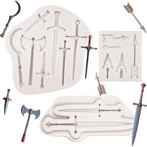 Sword Silicone Molds (3 Pcs), Weapon Ax Fondant Mold for Cake Decorating, Candy Chocolate, Sugar Craft, Cupcake Toppers, Epoxy Resin Crafts, Clay Projects, Gypsum