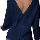 MakeMeChic Women's Bow Knot Back Sweater Long Sleeve V Neck Scallop Trim Knitted Pullovers Top Blue Large