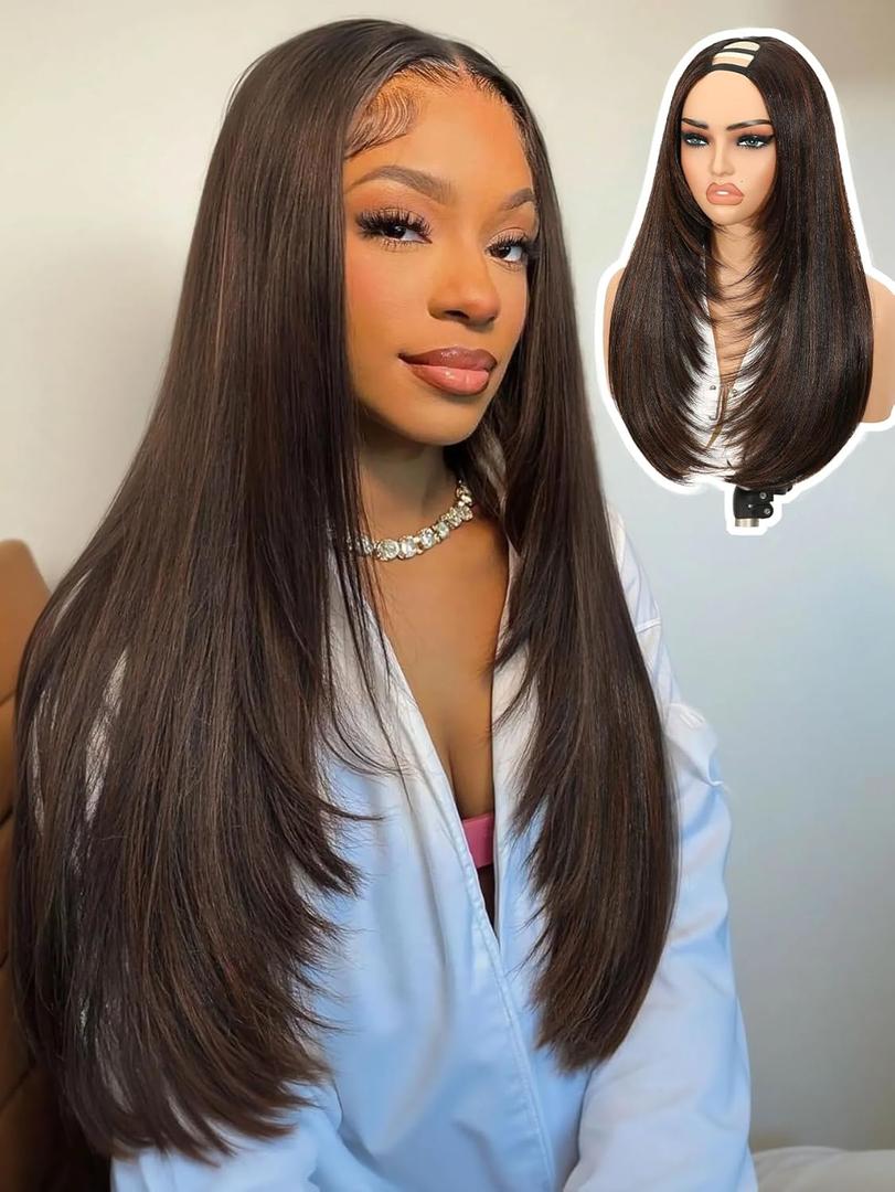 Brown Highlight U Part Wig for Black Women Layered Yaki Straight V Part Wig Synthetic Half Wigs Glueless Realistic Pull and Go Beginner Friendly for Daily Party Use, 24inch,Highlight Brown 