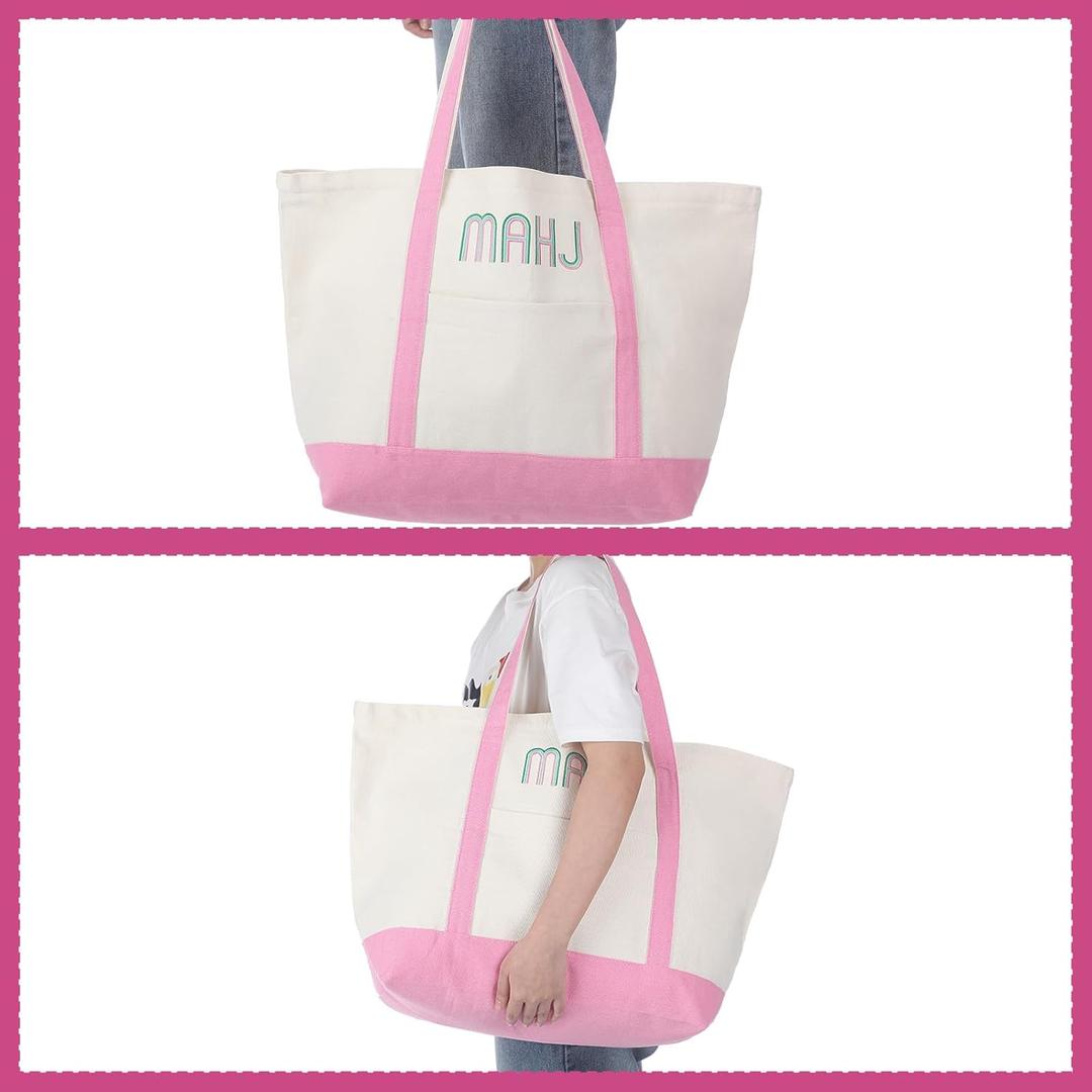 Mahjong Canvas Bag Embroidered American Mahjong Set Incl Tiles Bag and Racks & Pushers Drawstring Bags(Light Pink)