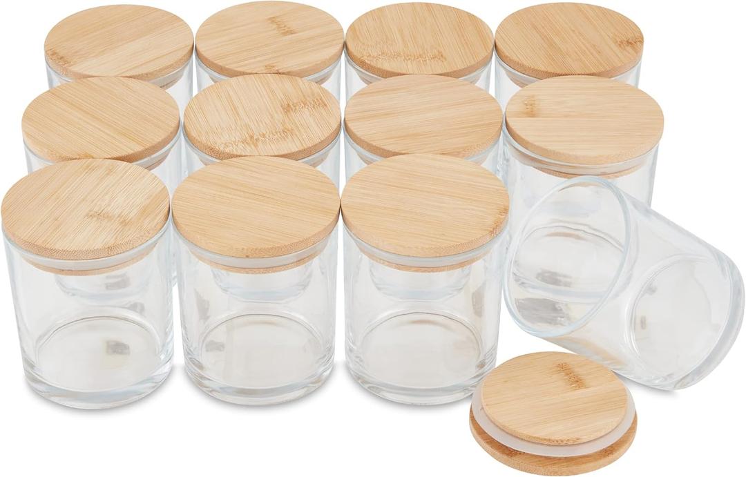 pavelle 10 oz. Clear Glass Candle Jars with Bamboo Lids for Candle Making and Storage, Airtight Sealing Mason Jars for Preservation of Spice, Powder, and More, 12 Pcs.