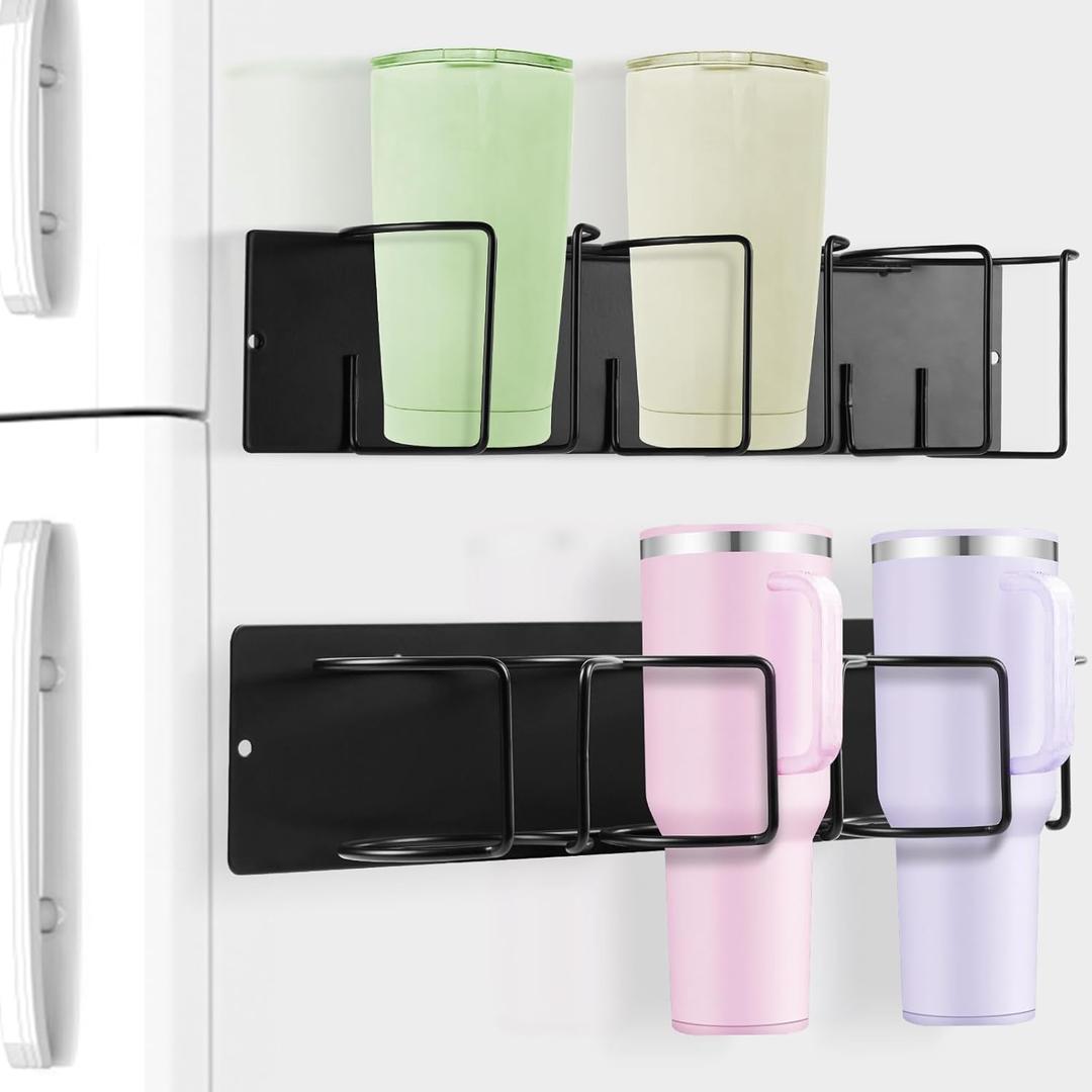 HOMEBROS Magnetic Cup Holder, 2 Styles Metal Magnet Fridge Water Bottle Organizer for 30 and 40 OZ Tumbler Storage and Display, Black, 2 Pcs