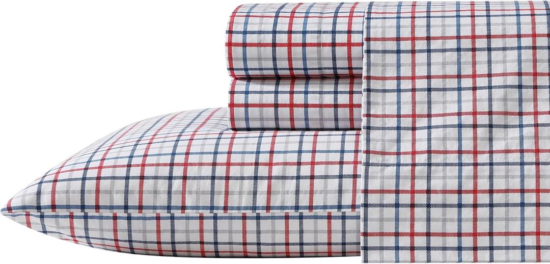 Nautica - Queen Sheet Set, Cotton Percale Bedding Set, Crisp & Cool, Lightweight & Breathable (Boating Tattersall Red, Queen)