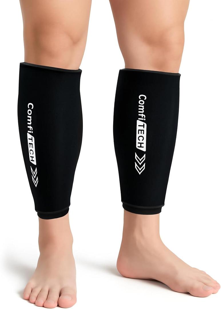 ComfiTECH Shin Splint Ice Pack Wrap 2 Pack, Reusable Leg Ice Pack Sleeve for Knee & Calf, Flexible Gel Cold Pack for Ankle & Arm, Hands-Free Design for Comfort and Support, Large (Black, L)