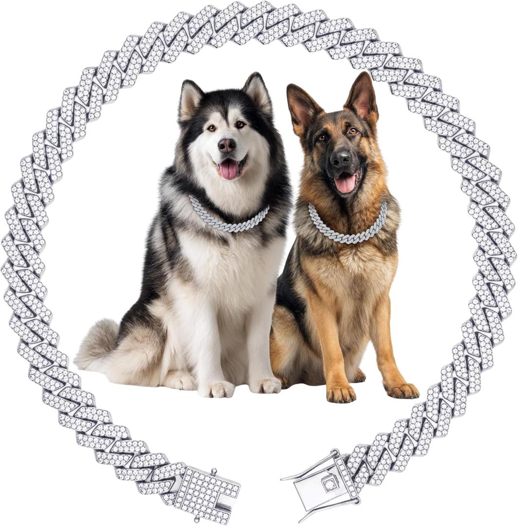 Luxury Cuban Link Dog Collar Silver Dog Chain Necklace with Diamond Rhinestones - 0.59 Inch Width Metal Pet Collar Jewelry for Small Medium Large Dogs & Cats (24 inch)
