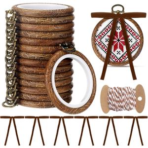 Beeveer 12 Sets Christmas Embroidery Hoops Kits Imitated Wood Frame Includes 3.5 Inch Plastic Embroidery Hoop, Brown Velvet Bows and Rope, Circle Cross Stitch Hoop Ring for Art Craft Sewing Ornaments