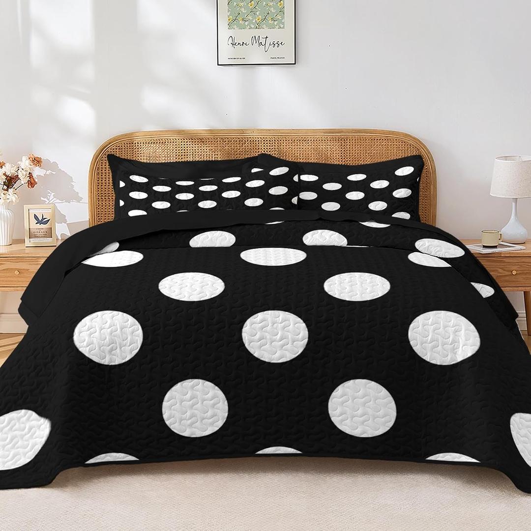 Pamnest 7 Pcs Quilt Set Queen Size, Black White Pattern Soft Bed Cover Bedding Set for Kids and Adults, Polka Dots Minimalist Bedspread with Fitted Sheet 2 Pillowcases & 2 Shams for All Season