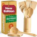 Riveira Natural Bamboo Wooden Cooking Utensils Set of 9 Premium Quality Non-Toxic Wooden Spoons and Spatulas for Cooking