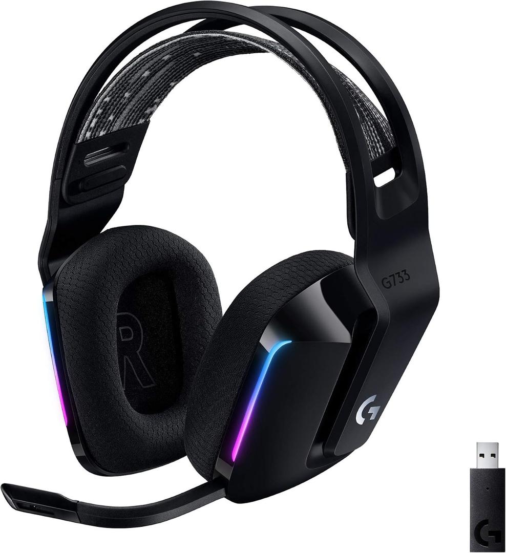Logitech G733 Lightspeed Wireless Gaming Headset, Suspension Headband, Lightsync RGB, Blue VO!CE Mic, PRO-G Audio Black, Gaming Headset Wireless, PC, PS5, PS4, Switch Compatible