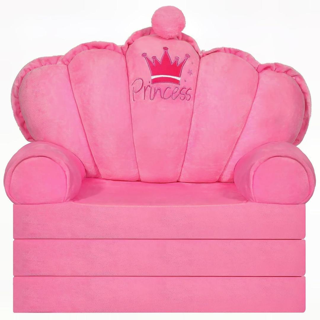 Pink Princess Toddler Couch, 2-in-1 Foldable Sofa Bed & Chair for Kids 1-5, Space-Saving for Small Rooms, Fits Multiple Spaces, Flexible Layout, Comfy Crystal Velvet, Playroom Gift