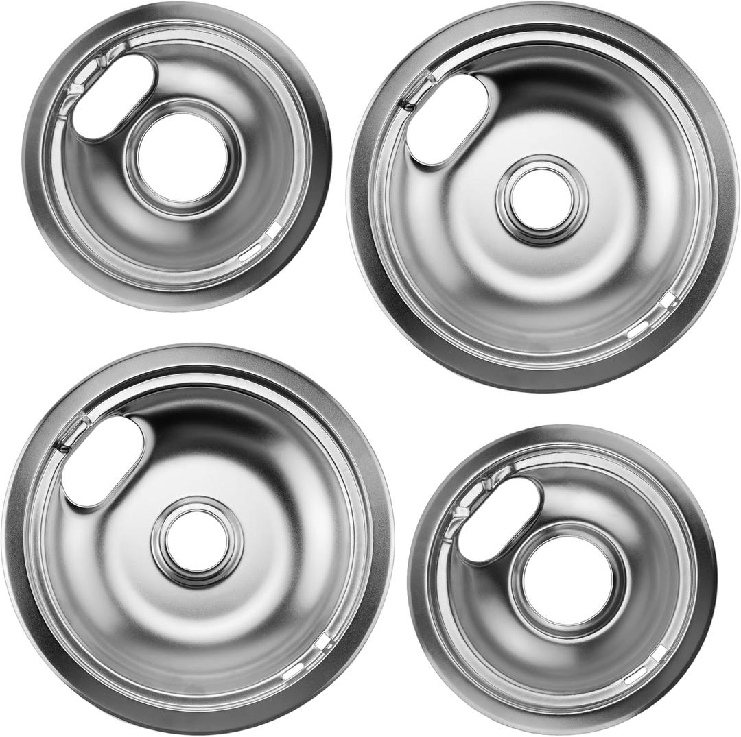 W10196406 and W10196405 Chrome Stove Burner Drip Pan Set for Whirlpool Amana Maytag Magic-Chef Kenmore Electric Range with Locking Slot, Includes 2 6-Inch and 2 8-Inch Drip Bowls and  MP21YA Electric Stove Burners Replacement,Upgraded TOP-HEATER 234000 8" Electric Range Burner Element Unit Set For Whirlpool KitchenAid Norge,Fit MP22YA Range Stove Burner Top Surface Element, Pack of 4