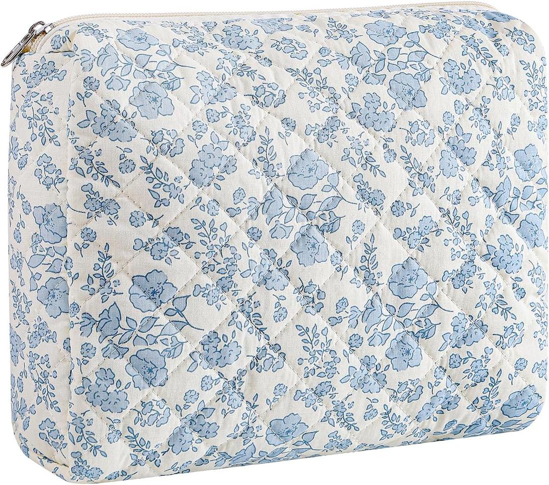 Cute Floral Makeup Bag Large Cotton Quilted Cosmetic Bag, Aesthetic Essential Bag Toiletry Period Bag for Women Travel Accessories (Blue Floral)