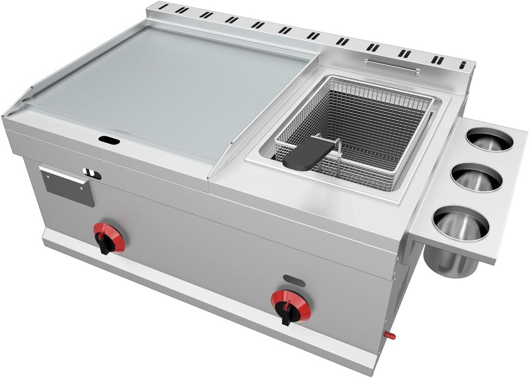 Flat Top Grill Deep Fryer Combo, Commercial 2 in 1 Stainless Steel Gas Griddle with 2 Burners, Double Burner Liquefied Gas Deep Fryer Propane for Teppanyaki Frying Outdoor (26.8in  18.5in  12.6in)