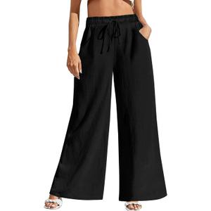 Fancysters Women Wide Leg Linen Pants, High Waisted Summer Casual Cotton Linen Palazzo Pants with Pockets (Black), Medium