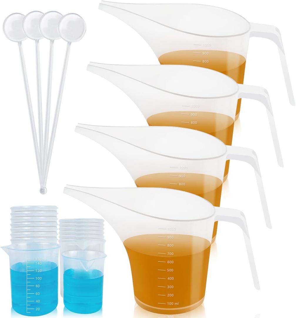 Artcome Funnel Pitcher Set - 4 Pack, 1000ml Plastic Measuring Pitchers with Funnels, 4 Stirring Rods, and 15 Small Measuring Cups for Soap Making, Resin Casting, Baking, and DIY Crafts