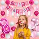 8th Birthday Decorations for Girls, Pink White 8 Happy Birthday Balloons, Birthday Party Supplies Including Pink Happy Birthday Banner, Number 8 Foil Balloons