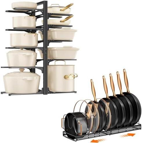 MUDEELA 6-Tier Pots and Pans Organizer Rack for under Cabinet with Expandable 11.71''-22.85'' Pot Lid Kitchen Cabinet Organizer Holder