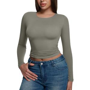 REORIA Long Sleeve Shirts for Women 2025 Fall Fashion Round Neck Basics Y2K Tops Layering Slim Fitted Top (Medium, Grey Green)