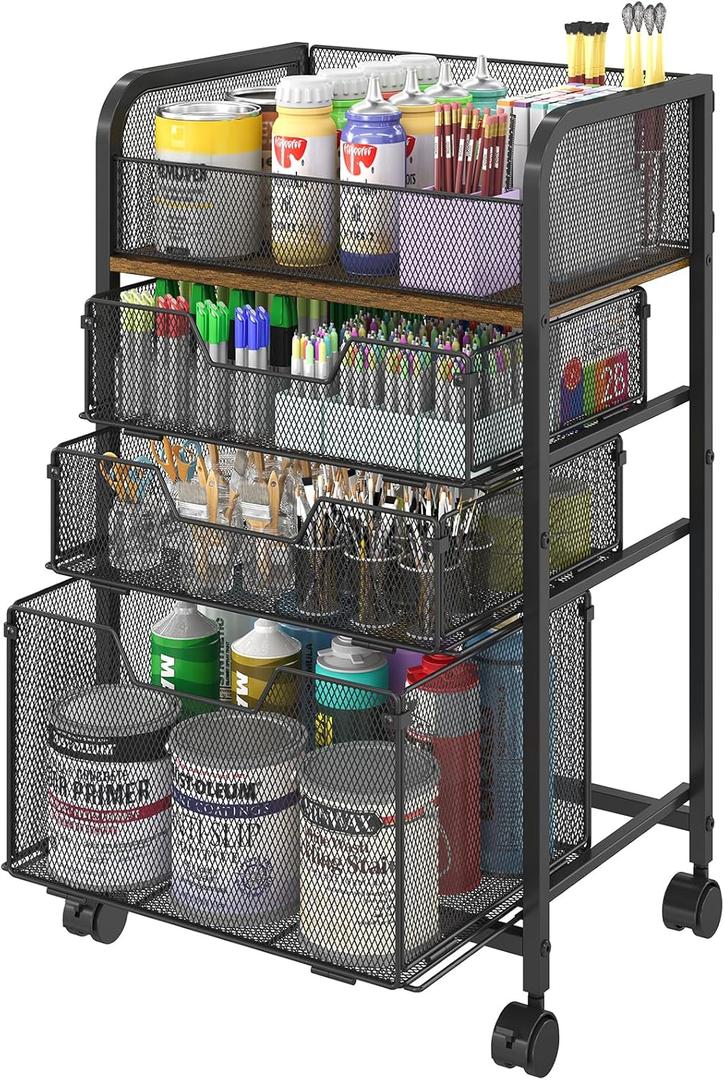 4-Tier Rolling Utility Cart with 3 Drawers-Craft Organizers and Storage with 360 Lockable Wheels,Art Supply Storage Organizer for Art Supplies, Store for Brushes & Paints & Artifacts Patent Pending