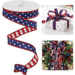 HUIHUANG Stars and Stripes Reversible Dupioni Wired Ribbon 1 inch Patriotic Wire Edge Ribbon for 4th of July Memorial Day Home Decor Bows Making DIY Crafts - Continuous 10 Yards