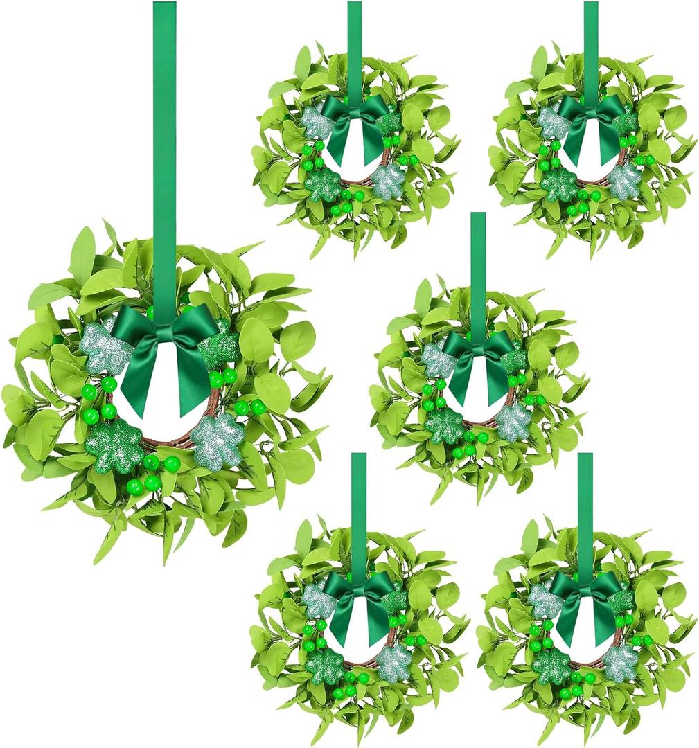 St. Patrick's Day Small Candle Rings, 6 Pcs Shamrock Wreaths with Glitter Shamrock Clovers for Table Centerpieces, Front Door, Wall, Window Indoor Outdoor Holiday Decor