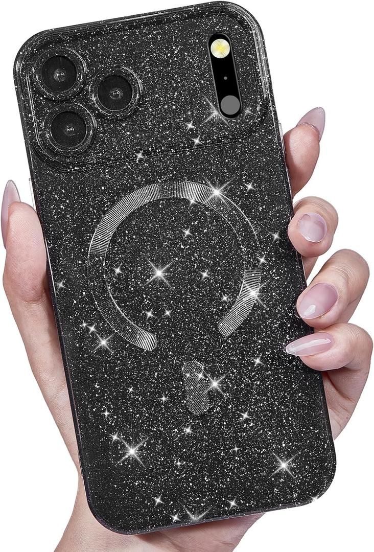 for iPhone 17 Pro Max Case Glitter Compatible with Magsafe, Girly Cute Sparkly Magnetic Mag Safe Pretty Phone Case for Women, Bedazzled Bling Sparkle Slim Bright Silicone Rubber Jelly, Black