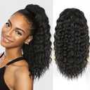 Ponytail Extension, Curly Drawstring Ponytail Extension for Women 18 Inch Curly Wavy Ponytail Yaki Textured Natural Fluffy Synthetic Hairpiece for Daily Use