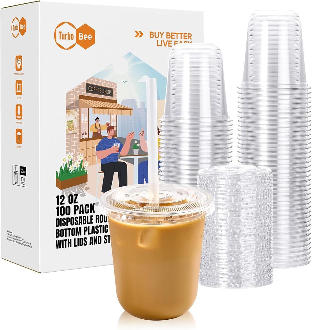 Turbo Bee 100 Pack - 12 OZ Round Bottom Plastic Cups with Lids and Straws, Disposable Clear Iced Coffee Cups with Lids for Cold Drinks and Beverages