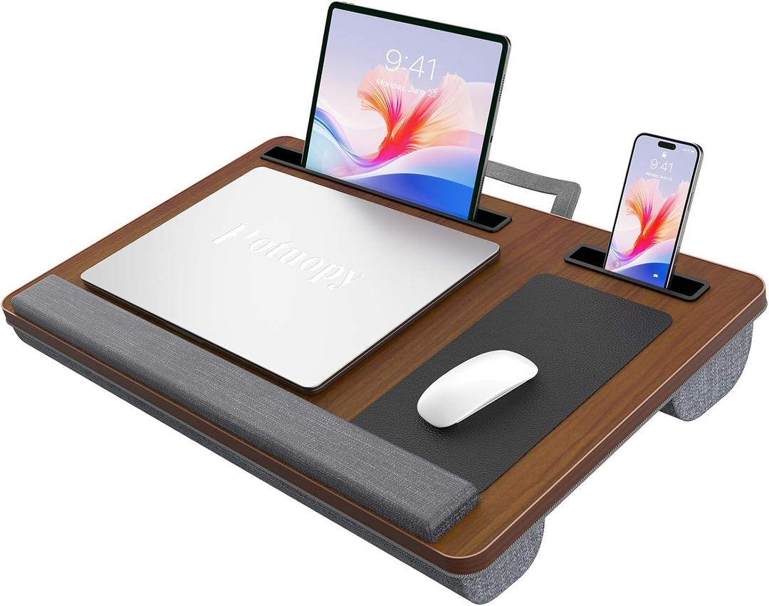 Potuopy Laptop Lap Desk, Portable Bed Table Tray for Laptop Fit 17" Laptops | Lightweight lap desk for laptop with Carry Handle & 2 Mouse Pad Pro, Lap Desk with Cushion for Working & Writing on Couch, Dark Brown