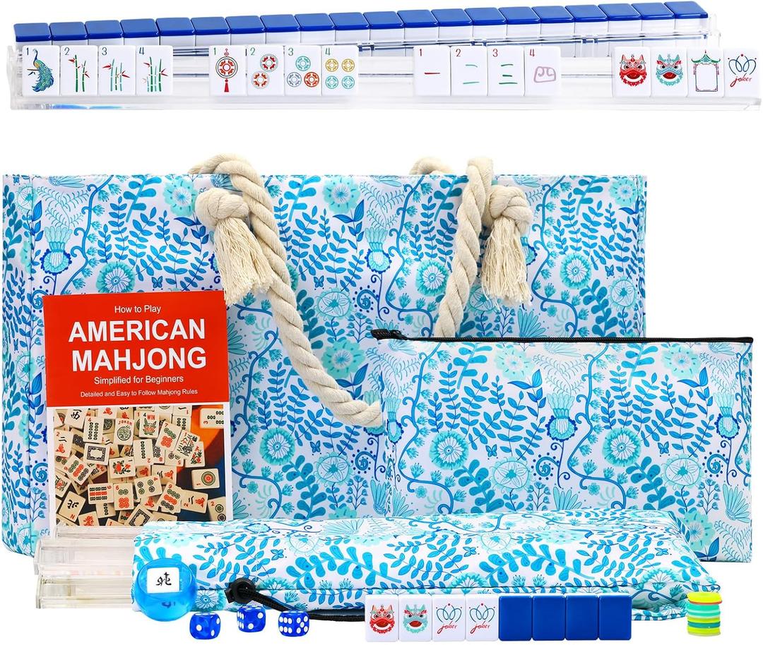 American Mahjong Set with Blue Carrying Bag and Accessories, 160 Deep Blue Engraved Tiles, 4 All-in-One Rack/Pushers, 1.2’’ Mahjong Tile Set, 1.2 x 0.9 x 0.59 inches
