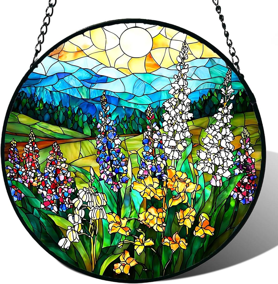Stained Glass Window Hanging, Wildflowers Plant Scenery Suncatcher for Door Home Decor,Valley Sunrise Sun Catcher Ornament Mother's Day Birthday Gifts for Women Men Mom 6.3 in