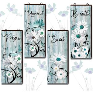 Tatuo 4 Pieces Teal Daisy Floral Bathroom Wood Wall Decor Teal Relax Soak Unwind Breathe Flower Rustic Farm Sign Turquoise Blue Daisy Floral Butterfly Wall Art Blue Bathroom Accessories for Home