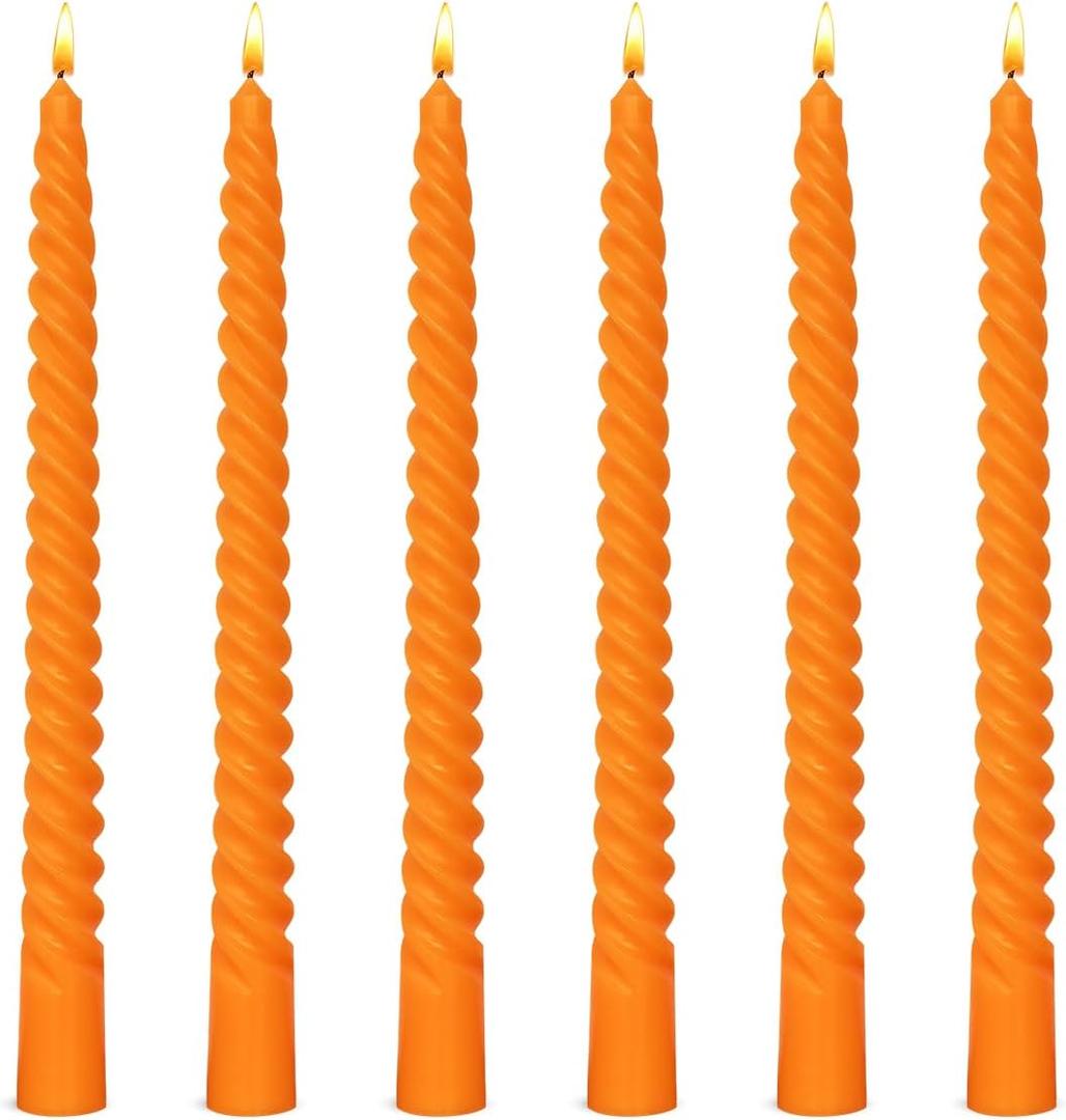 6 Pack 10 Inch Burnt-Orange Spiral Taper Candles for Halloween and Fall Harvest, Unscented Dripless Twisted Candlesticks for Dinner Party Thanksgiving Sport Event and Citrus-Themed Decoration