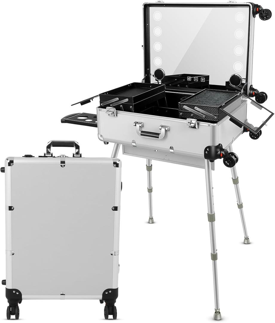 Aluminum Trolley Makeup Train Case with Led Light Rolling Makeup Case with Legs Suitcase Vanity with Lights with Stand Mirror Makeup Vanity Station (21 in, Silvery)