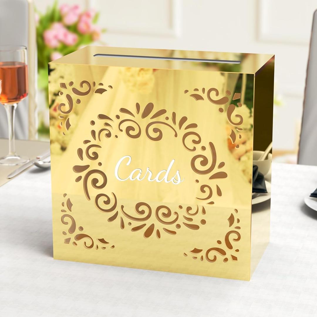 NiHome Golden Mirror Acrylic Wedding Card Box with Sliding Lid, Large Capacity for 80-100 Cards, Premium Gold Acrylic with Bold Cards Print for Weddings, Parties, Baby Showers, Keepsakes, Receptions