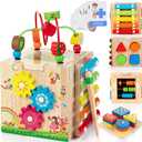 Bravmate Wooden Activity Cube, 8-in-1 Wooden Montessori Learning Toys for 18 M+ Toddlers, One Year Old First Birthday Gift, Baby Toy Set with Bonus Sorting & Stacking Board