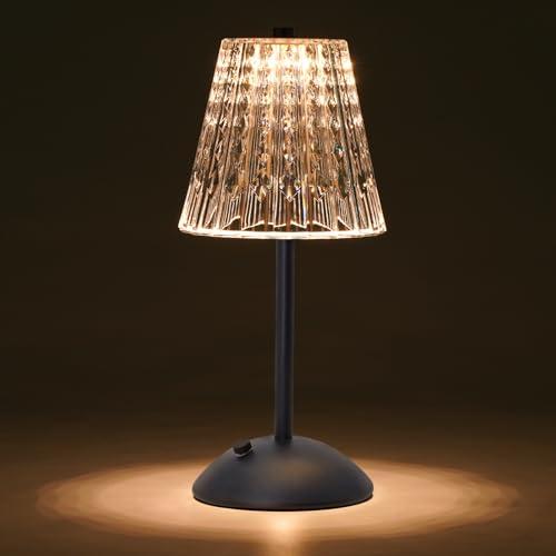 Nusogon Cordless Touch Table Lamp, 3500mAh LED Rechargeable Small Dask Lamp, 3 Colors Dimmable Battery Operated Crysta Lamp for Bedroom Restaurant Kitchen Home Decor, Black