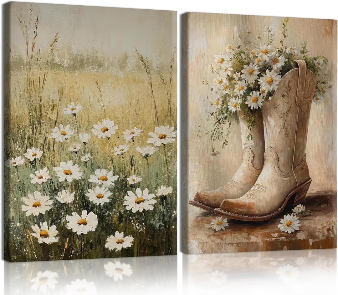 NCCXNCC 2pcs Daisy Field and Country Boots Canvas Wall Art Vintage Farmhouse Style Artwork Painting Floral Cowboy Boots Poster Print Suitable for Living Room Bedroom Kitchen Home Decor 12 x 16inch