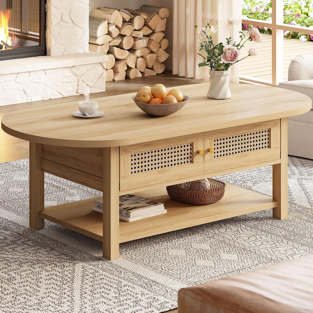 LVB Oval Rattan Coffee Table, 47" Boho Wood Living Room Table with Storage, 47.24 Inch