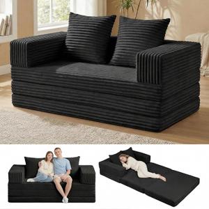 Convertible Sofa Bed, 4-in-1 Boneless Loveseat with Removable Armrests Backrest, Corduroy Futon Couch Bed with Pillow, Foldable Mattress Sleeper Sofa for Living Room Bedroom Small Place (Black)