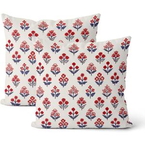4th of July Pillow Covers 24x24 Inch 2 Pcs Red Blue Block Print Vintage Floral Patriotic Outdoor Decor Throw Pillows Memorial Day Holiday Decoration Pillowcase Linen Cushion Cover for Couch