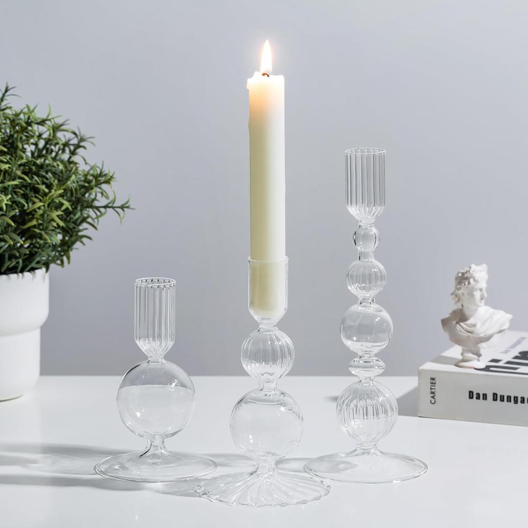 Glasseam Glass Candle Stick Holder: Clear Taper Candle Holders Set of 3 Modern Candlestick Holders for Taper Candles Decorative Candle Holders for Table Centerpiece Wedding Party Christmas Decorations